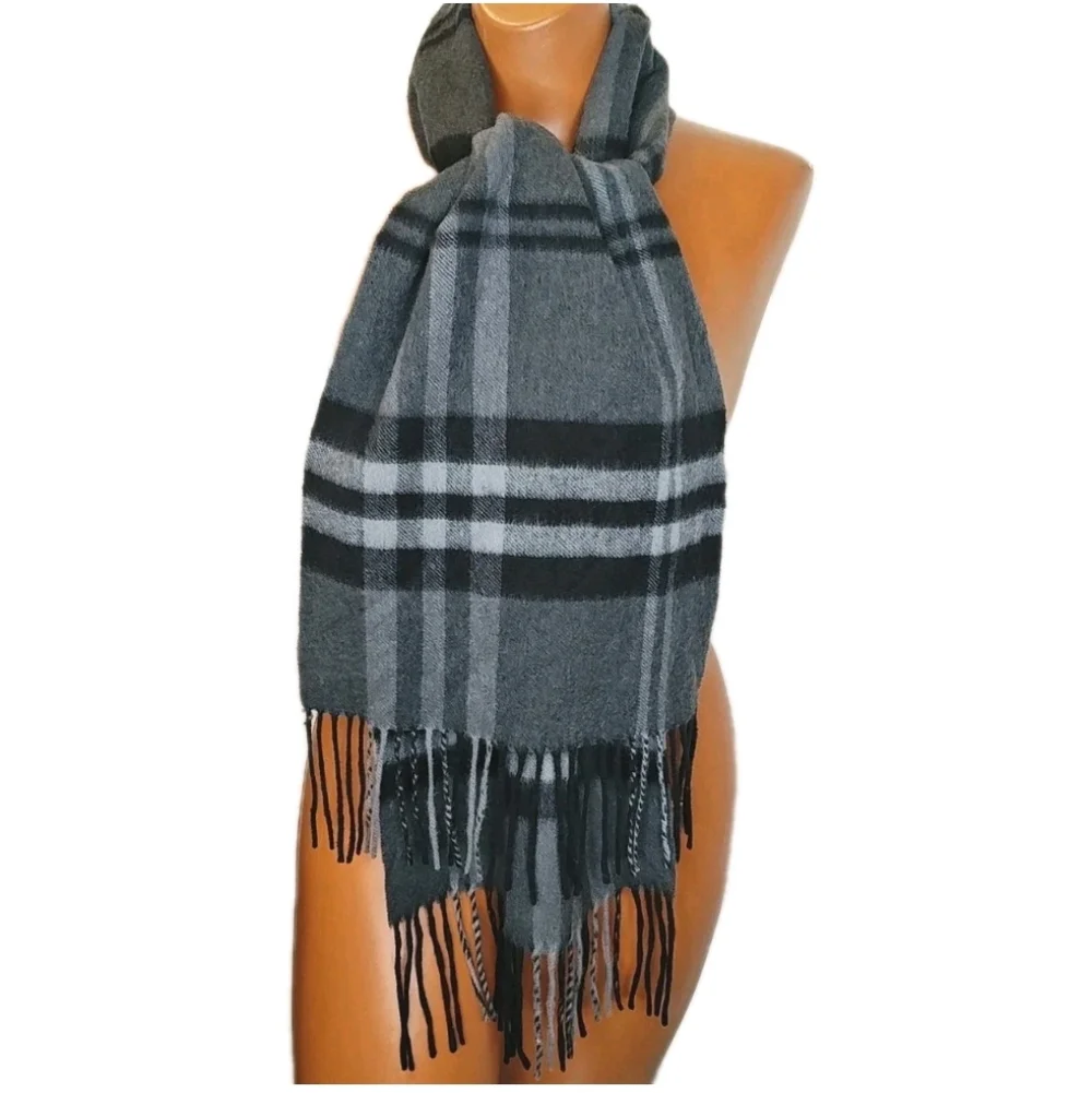 Enzo Montovani Fringed Cashmere Wool Men Long Neck Scarf Gray Windowpane Plaid